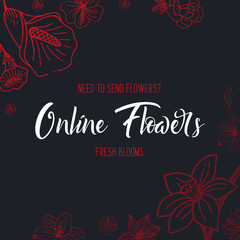 Sketches of flowers on a dark background. Floral banner. Vector illustration.