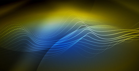 Glowing abstract wave on dark, shiny motion, magic space light. Techno abstract background