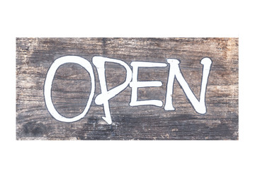 Wood open sign isolated on white background