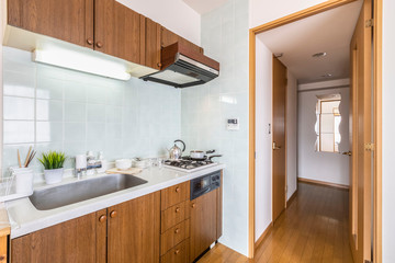 Wooden kitchen counter in small apartment