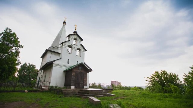 Lytkarino. Timelaps. Church. Orthodox. Clouds run across the sky. Moscow region.