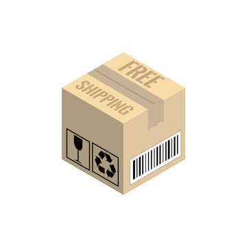 Cardboard corrugated box. Free shipping icon for online store. Isometric vector illustration isolated on white background.