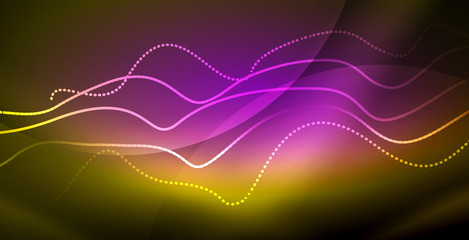 Glowing abstract wave on dark, shiny motion, magic space light. Techno abstract background