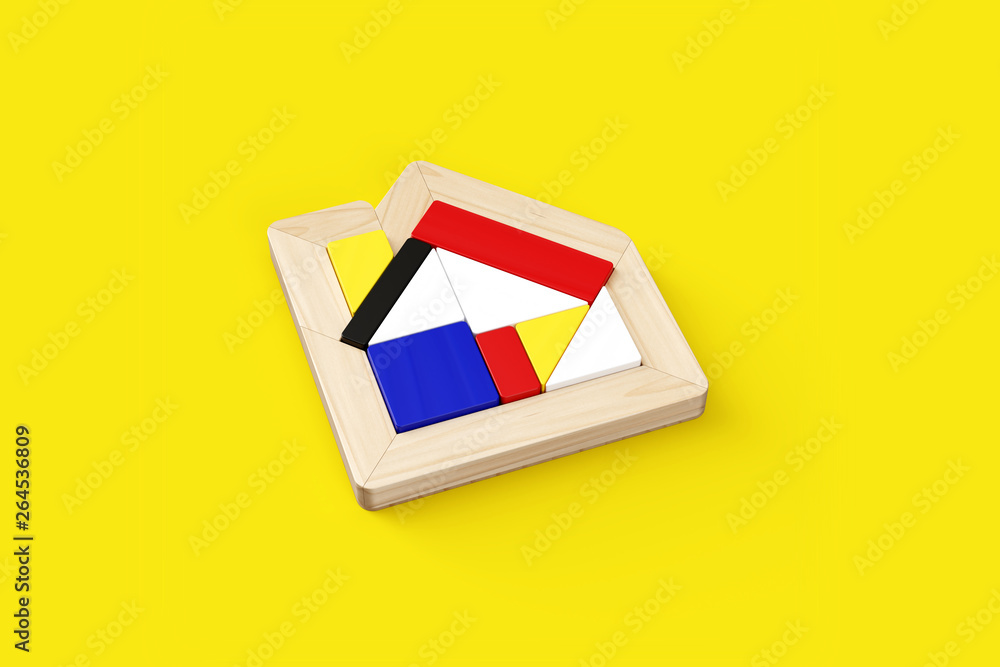 Poster house-shaped puzzle placed in the center of horizontal format. yellow background with copy space.