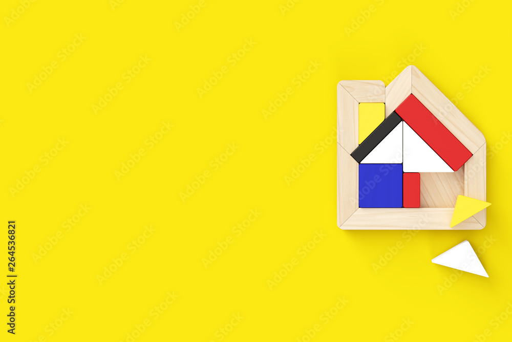 Poster house-shaped puzzle placed in the middle right of horizontal format. two pieces are off. yellow back