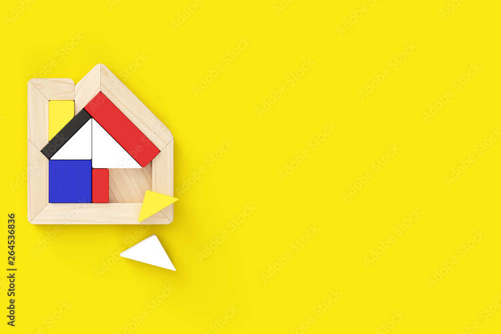 Aufkleber house-shaped puzzle placed in the middle left of horizontal format. two pieces are off. yellow backg