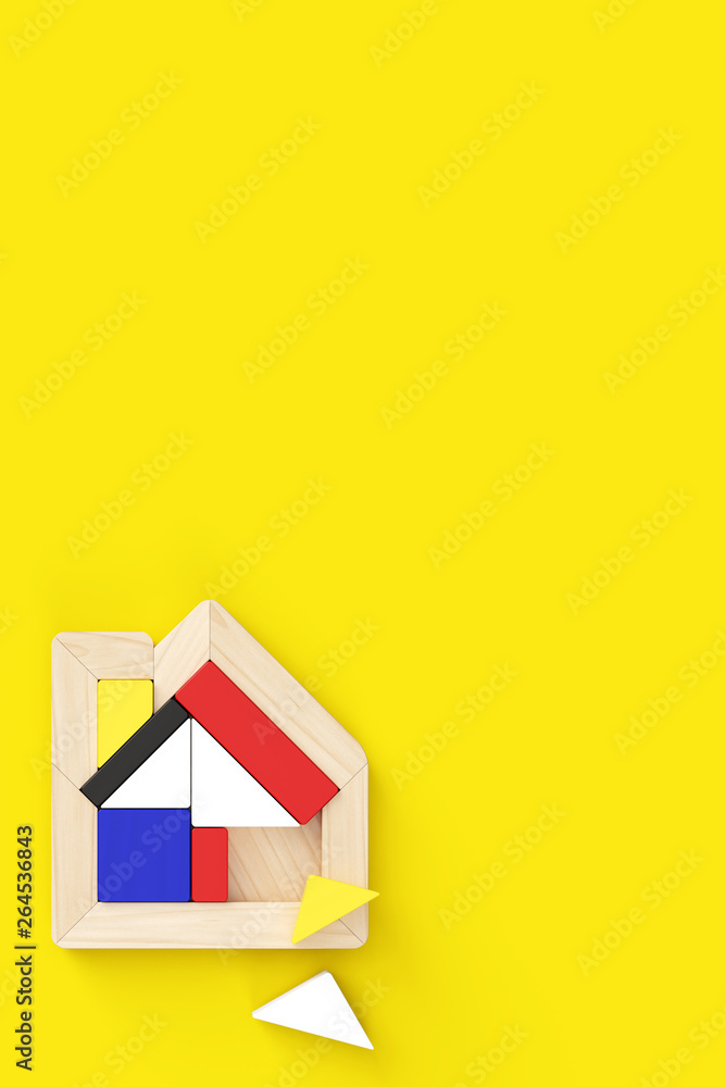 Poster house-shaped puzzle placed in the lower left of vertical format. two pieces are off. yellow backgrou