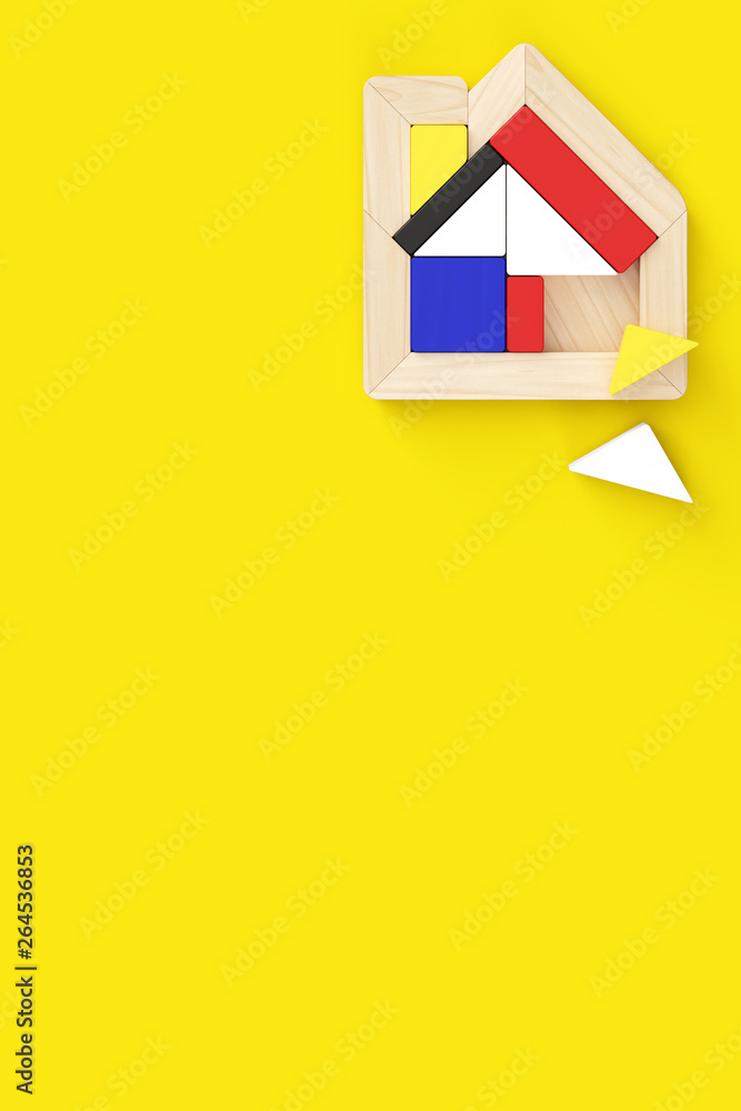 Poster house-shaped puzzle placed in the upper right of vertical format. two pieces are off. yellow backgro