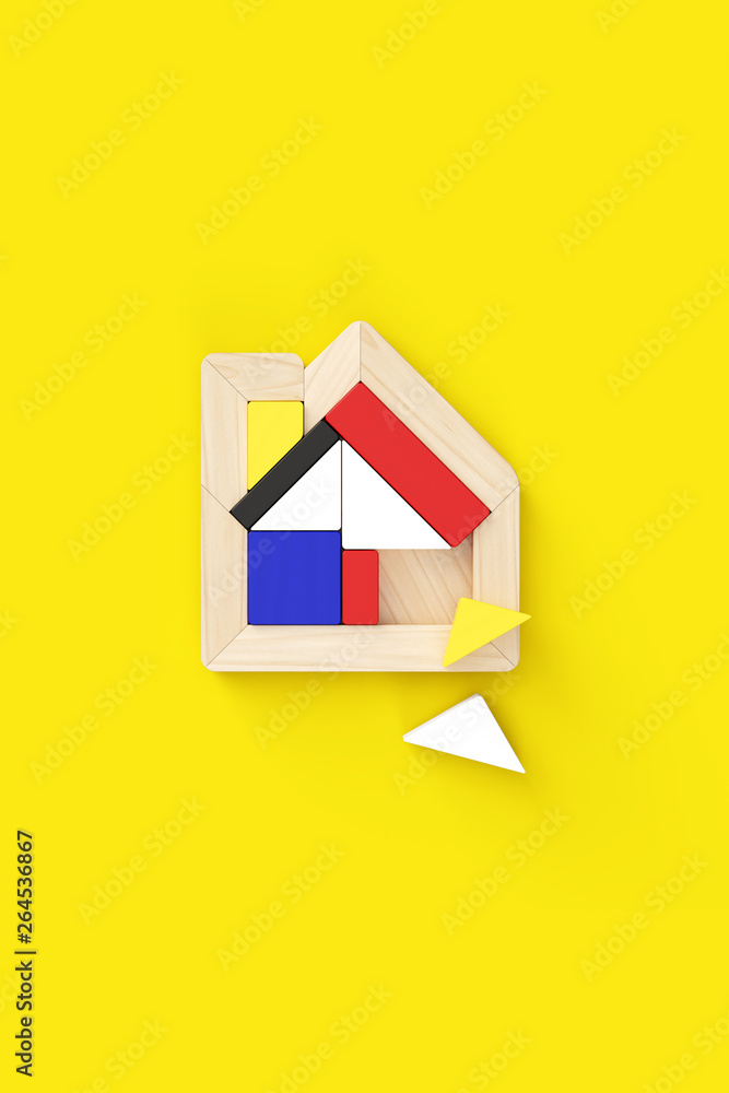 Poster house-shaped puzzle placed in the center of vertical format. two pieces are off. yellow background w