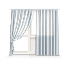 Vector illustration of gray curtains hang on window and balcony door on background