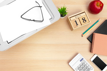 Working place of a business person. printer and other office supplies