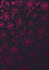 Sketches of flowers on a dark background. Floral banner. Vector illustration.