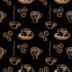 cup of coffee seamless pattern. hand drawn vector illustration on black background