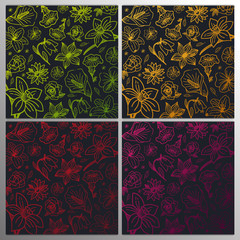 Set of Sketches of flowers on a dark backgrounds. Floral banner. Vector illustration.