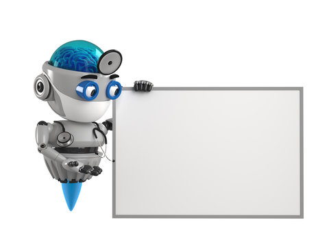 Doctor robot shows on the empty board with white background. 3D Render.