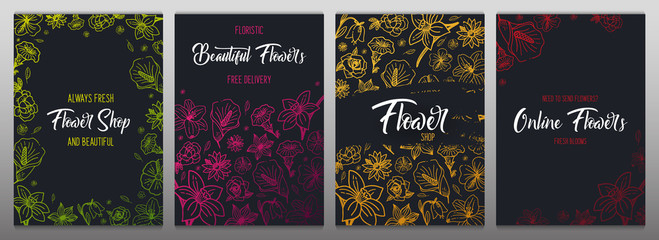 Set of Sketches of flowers on a dark backgrounds. Floral banner. Vector illustration.