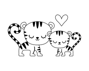 couple of cute tiger animal isolated icon