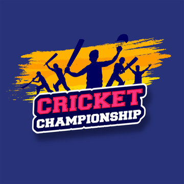 Sticker style text Cricket Championship with silhouette of cricket players on orange brush stroke and purple background.
