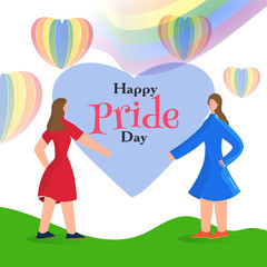 Happy Pride Day concept with young lesbian couple and rainbow color hot air balloons on background.