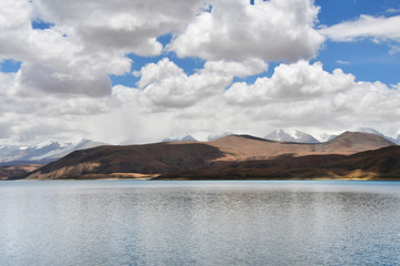 Great lakes of Tibet. Lake Rakshas Tal (Langa-TSO) in summer in cloudy day