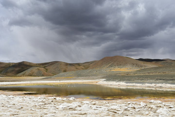 The store of the saline triangular lake in the South-Western coast of the lake Rakshasa Tal, Tibet
