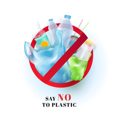 Say No To Plastic using such as polythene, bottles and straw on white background. Can be used as poster or template design.