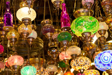Mosaic colorful Ottoman lamps from Grand Bazaar in Istanbul, Turkey. Lanterns market in Istanbul.