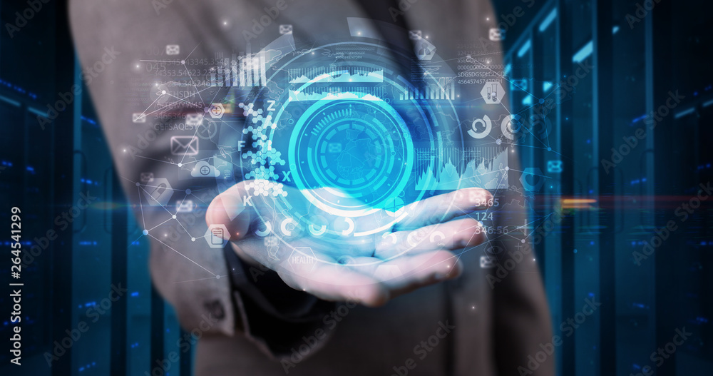 Aufkleber Man holding hologram projection displaying biometric security concept
