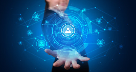 Young person holding hologram screen displaying security infomartions
