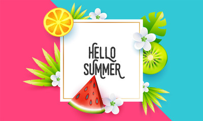 Pink and blue background decorated with summer fruits illustration and paper cut flowers for Hello Summer celebration banner design.