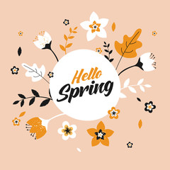 Hello Spring poster or template design decorated with flowers and leaves in flat style.