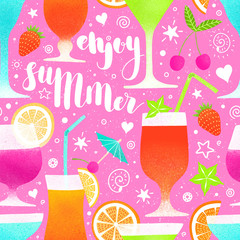 Seamless summer pattern with coctails, strawberry, cherry, lemon and orange on pink background