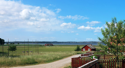 Beautiful Summer landscape in Sweden. Behives placed on the meadow. Sea is waving in the background. Perfect view of this warm period.