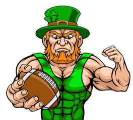 A leprechaun American football sports mascot holding a ball