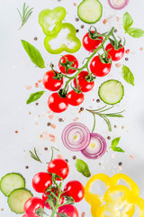 Fresh vegetables, herbs and spices on white background