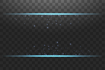 Blue frame with lights effects. Shining luxury banner vector illustration. Glow line blue frame with sparks and spotlight light effects. Shining rectangle banner isolated on black transparent