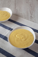 Homemade vanilla custard pudding in white bowls, low angle view. Copy space.