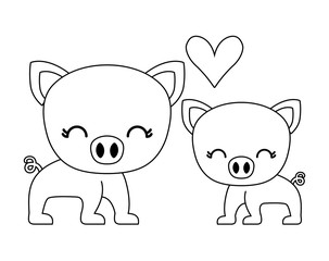 couple of cute piggy animal isolated icon