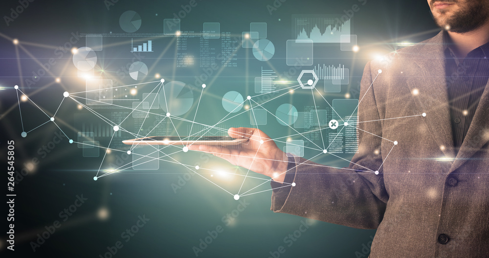 Poster elegant hand holding tablet with virtual database and network concept
