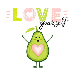 Cartoon cute avocado character with heart and lettering. Stylish typography slogan design 