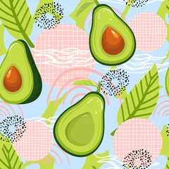 Foto op Plexiglas Avocado Modern naadloos patroon met avocadovruchten en abstracte elementen. Creatieve bloemencollage. Vectortextuur voor textiel, inpakpapier, verpakking enz. Vectorillustratie.