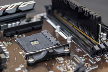 Close view of motherboard, engineering concept, background