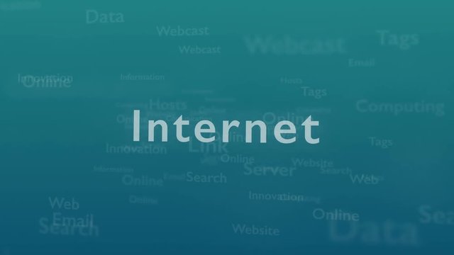 Light blue background with different words, which deal with internet. Close up. Copy space. 3D. Animation.