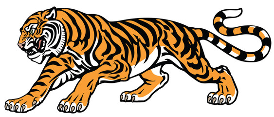 angry tiger in the aggressive attacking pose . Side view tattoo style vector illustration 