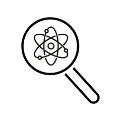 Scientific discovery vector icon, loupe and atomic orbitales on white background