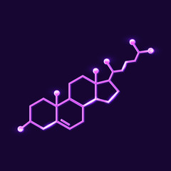 Neon cholesterol chemical formula vector icon on dark background