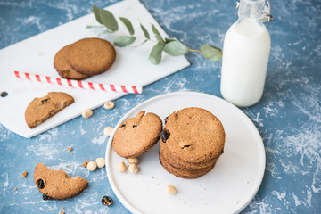 Homemade oatmeal cookies. Cookies with milk for Breakfast. Sweet Breakfast, brunch, snack.