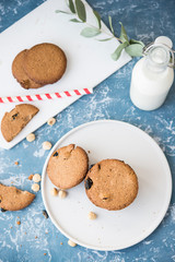Homemade oatmeal cookies. Cookies with milk for Breakfast. Sweet Breakfast, brunch, snack.