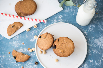 Homemade oatmeal cookies. Cookies with milk for Breakfast. Sweet Breakfast, brunch, snack.