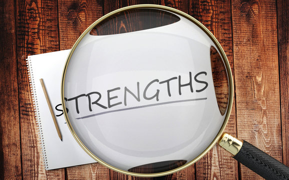 Study, learn and explore strengths - pictured as a magnifying glass enlarging word strengths, symbolizes analyzing, inspecting and researching the meaning of strengths, 3d illustration